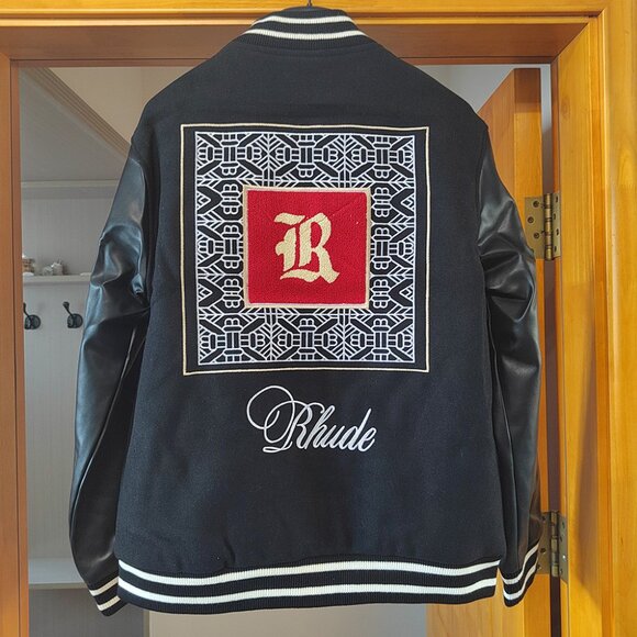 Rhude Embroidered Panel Leather Sleeve Casual Baseball Jacket - Picture 4 of 14